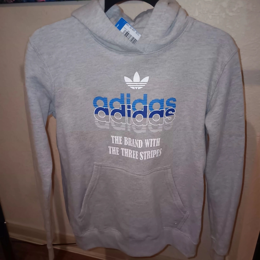 Adidas Gray hoodie Sweatshirt with Blue Logo and Trefoil